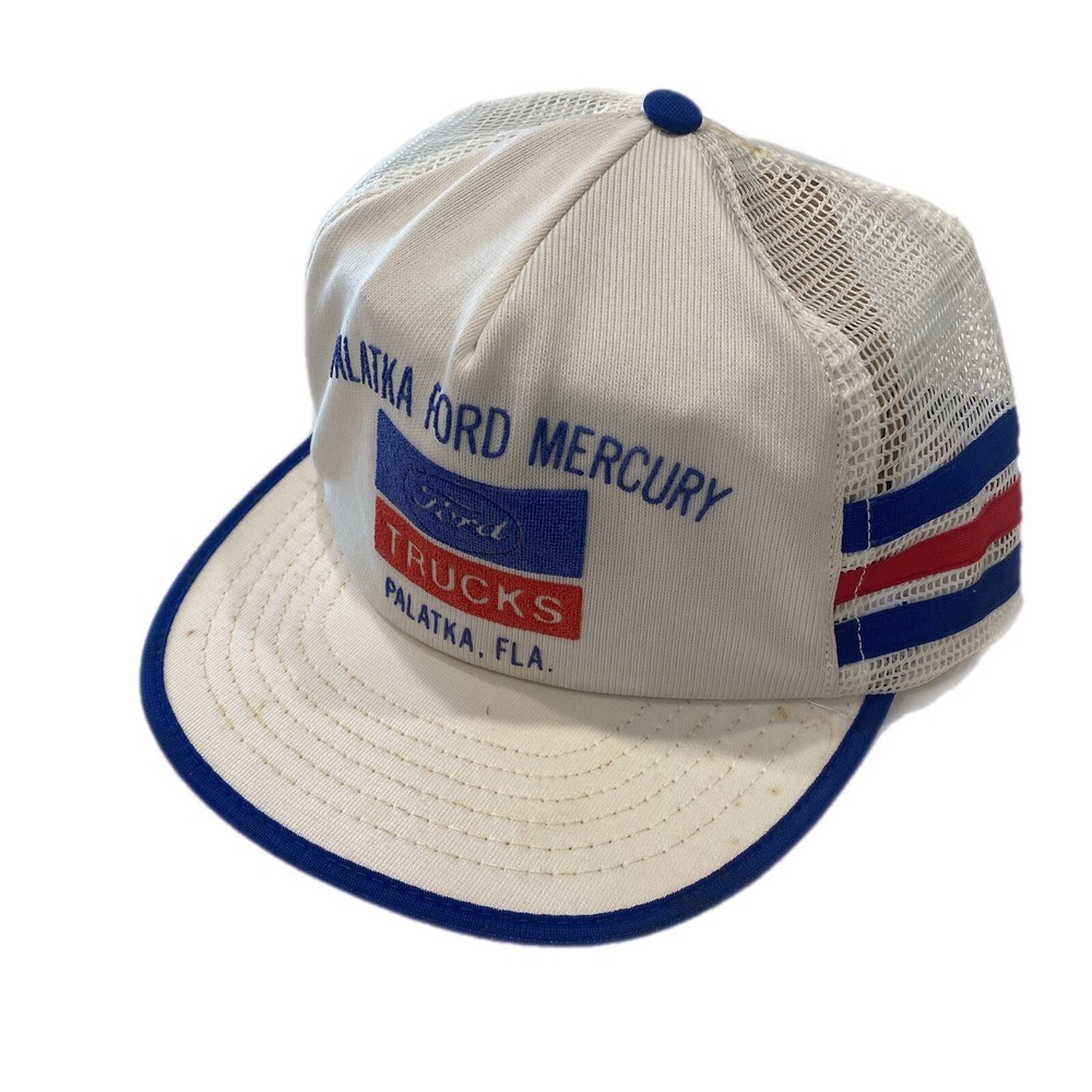 Vintage PALATKA FORD MERCURY Ford Trucks 3 Stripe Mesh Trucker Cap USA Made